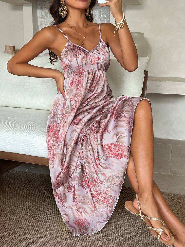 Women's Vacation Casual Tropical Plant & Ditsy Floral Tie Strap Cinched Waist Long Swing Dress Maxi Dress Boho