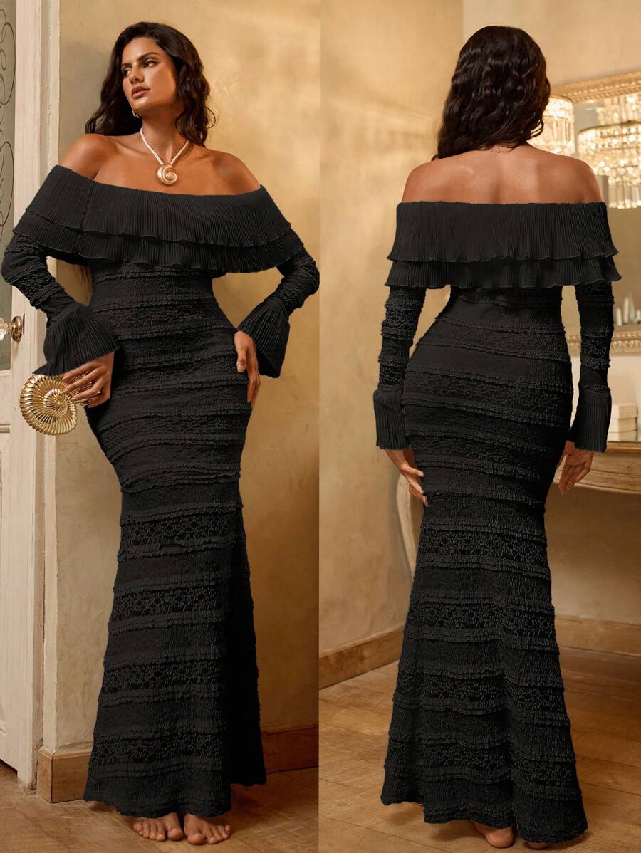 Opulessa 秋冬派对性感优雅 1 件女士纯色针织蕾丝荷叶边长袖修身连衣裙，适合度假 - 黑色 - 查看 1