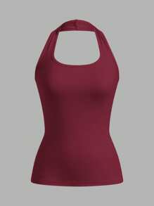 SHEIN EZwear Solid Color Backless Sleeveless Halter Top Back To School - Burgundy - View 5