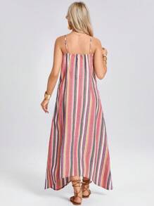 SHEIN LUNE 女款春季彩色条纹不对称下摆吊带连衣裙