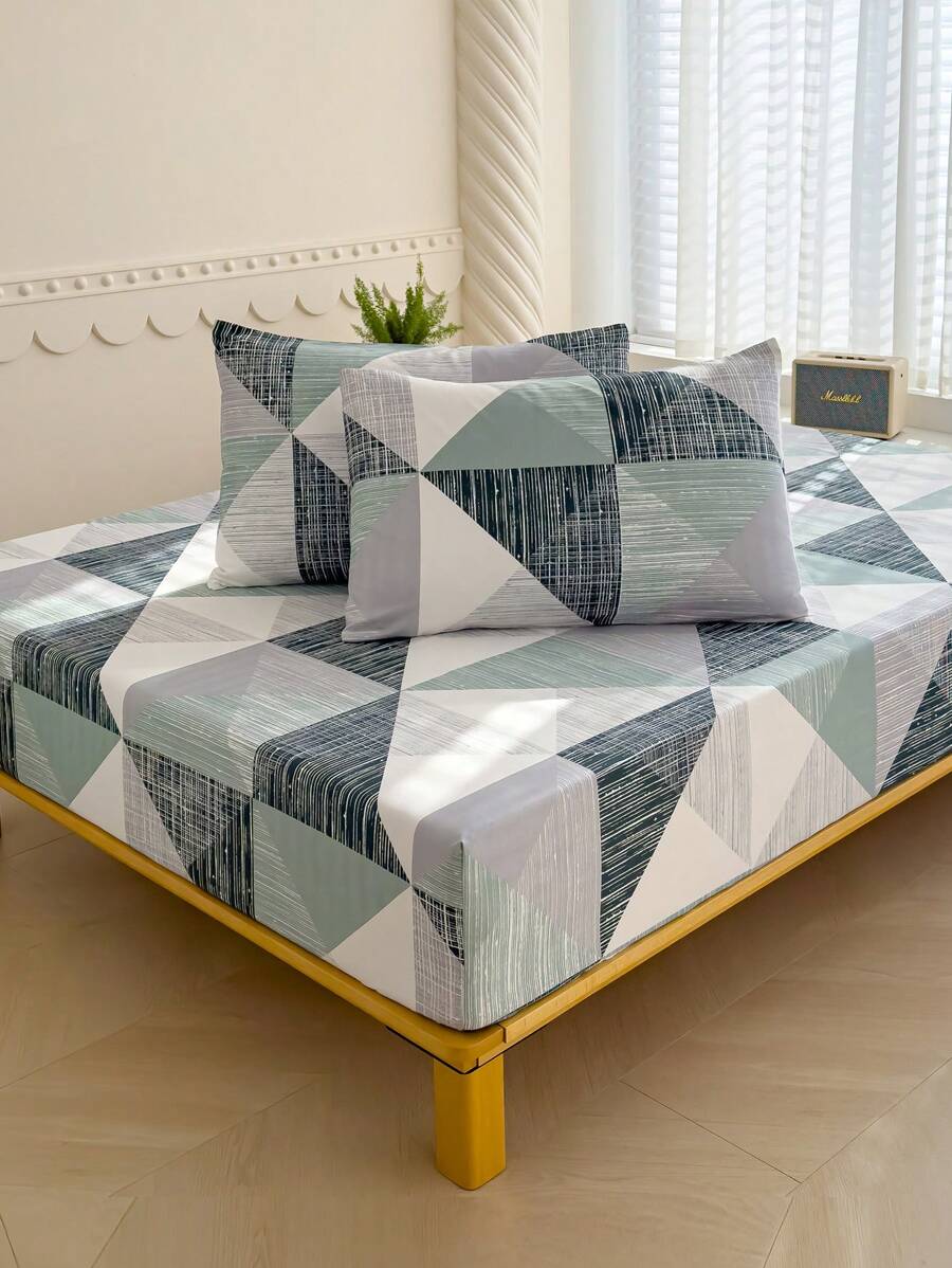 3Pcs Fitted Sheet Set, 80g Microfiber, Geometric Pattern, 1 Fitted Sheet + 2 Pillowcases