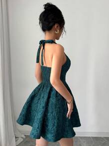 Elenzga Strapless Cinched Waist A-Line Backless Jacquard Elegant Romantic Women Dress