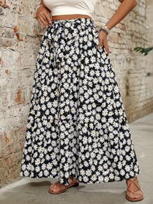 SHEIN LUNE Plus Size Casual Daisy Floral Print A-Line Long Skirt Fall Cloth For Women - Black - View 4