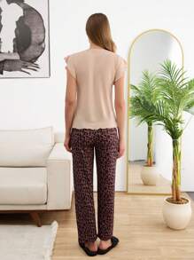 RueChic Women High Quality Lettuce Trim Contrast Colour Leopard Heart Printed Ruffle Short Sleeve Detail Shirt And Leopard Pattern Sleep Bottom PJ Set - Apricot - View 5