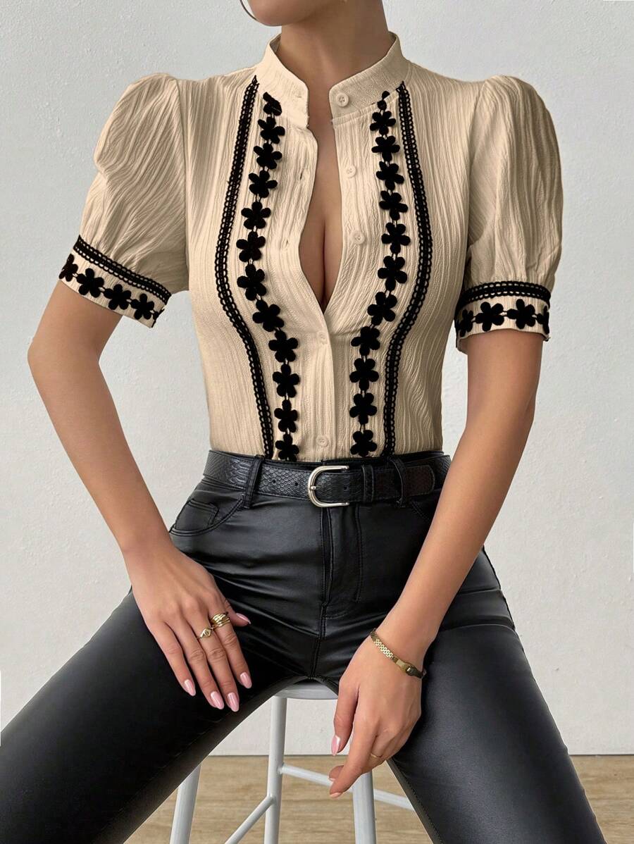 RosyDaze Women's Colorblock Ruffle Trim Textured Fabric Short Puff Sleeve Shirt - Khaki - View 1