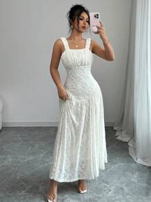 Chiquease Sexy & Charming Spaghetti Strap Square Neck Backless Cinched Waist Long Dress - Beige - View 4