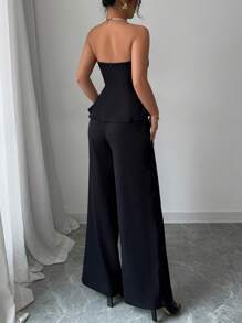 xheElenzga Set de 2 piezas de top tubo y pantalones de pierna ancha de color contrastante para mujerxhe - Negro - Ver 2