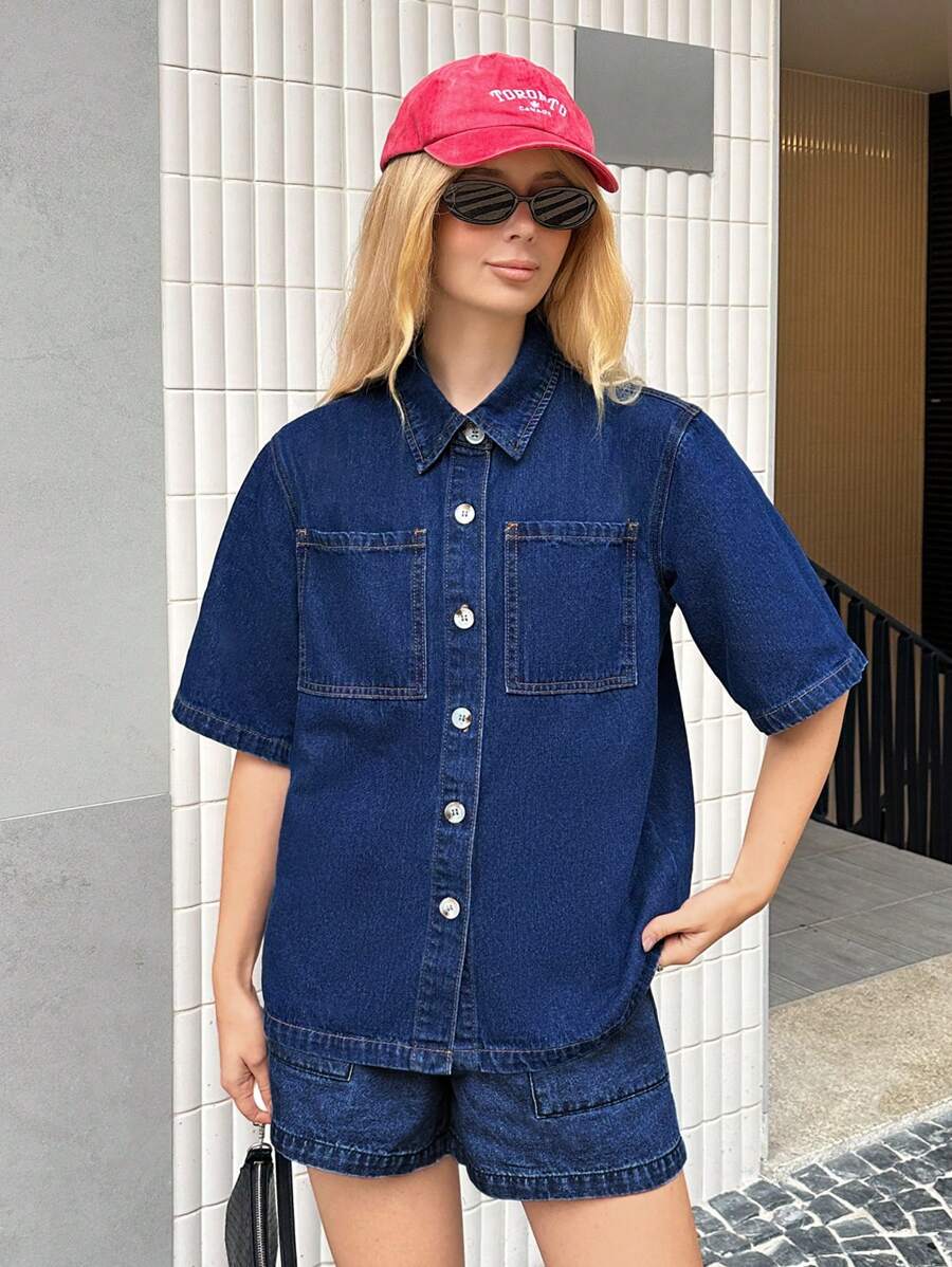 SHEIN Forever 21 夏季新款翻领牛仔水洗休闲百搭通勤女士牛仔衬衫 - 藍色 - 查看 1