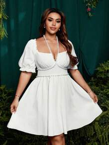 SHEIN Belle Robe de mariée/demoiselle d'honneur vintage élégante pour invités, col carré, manches courtes, décor de fausse perle blanche. Robe femme mignonne et digne d'une villégiature