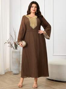 Al Najma Plus Size Women Solid Color Patchwork Długi Rękaw Prosta Swobodna Arabska Sukienka