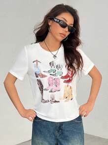 SHEIN PETITE 复古靴子西部靴休闲圆领短袖女士T恤适合夏季 - 白色 - 查看 6