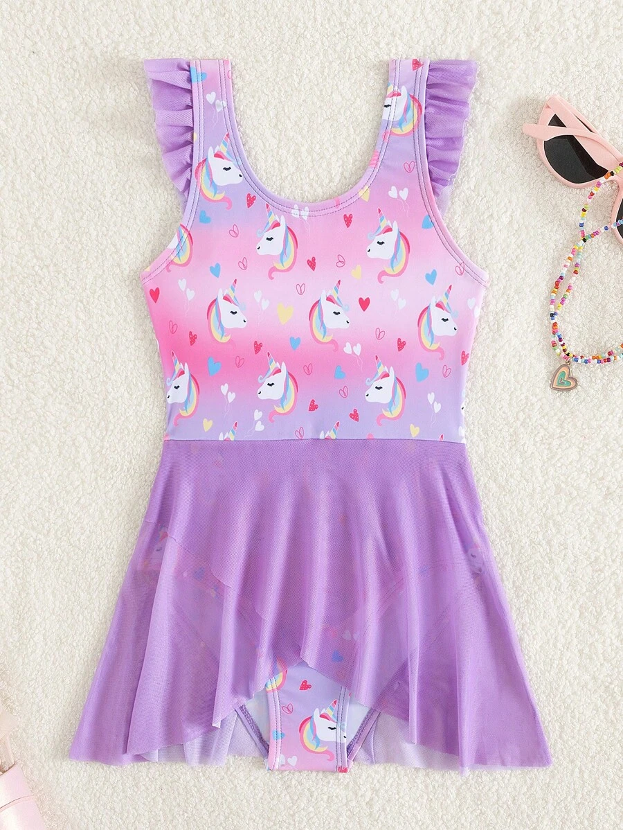 1pc Young Girl One-Piece Swimsuit, Random Print - Purple - View 1