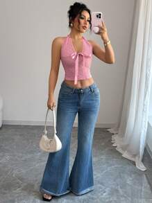 Elenzga Camiseta de tirantes sexy para mujer con cuello en V profundo, bordado floral 3D y detalle de lazo con encaje - Rosa - Ver 6