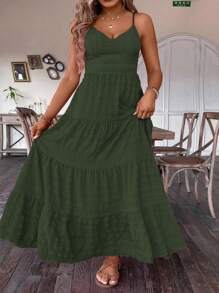 Breezaya Plus Tie Backless Ruffle Hem Cami Dress For Summer Maxi Women Outfit - Army Green - View 4