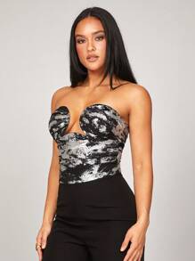 Silquee Women's Women's Elegant And Gorgeous Autumn And Winter Party Suitable For Slim Halloween Black Bottom Gold Print Sexy Pleated Tube Top