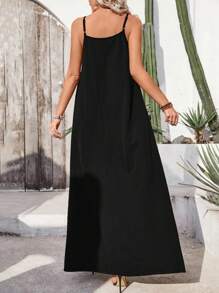 Breezaya Solid Color Spaghetti Strap V-Neck Ribbon Splice Casual Holiday Dress For Women