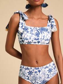 Travachic Coconut Tree Print Swimwear Bikini Set, For Vacation & Summer Beach - Blue and White - View 5