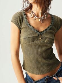 Bohemela BOHO Casual Solid Color V-Neck Short Sleeve Fitted Women T-Shirt - Army Green - View 4