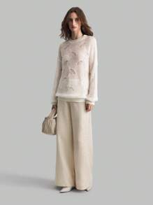 Ontre 女装 2025 新款春季情人节象牙色粗花呢点缀高腰优雅阔腿裤带口袋，复古风格西装裤 - 白色 - 查看 3