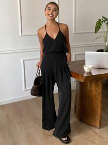 Livesso 2pcs Women Solid Color Sleeveless Spaghetti Strap Top And Wide Leg Pants Set, Summer Casual Outfit