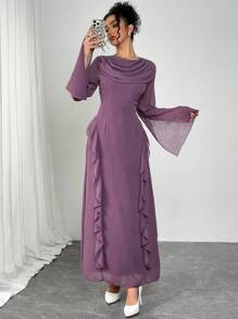 Modelyn 女士时尚摇领泡泡袖收腰连衣裙 - 紫色 - 查看 7