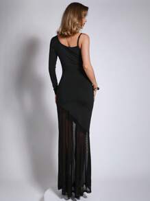 COSMINA Vestido casual de unicolor extra largo para mujer, de manga larga, de estilo minimalista para el uso diario - Negro - Ver 2