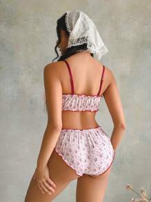 Rose Floral Print Bow Decor Ribbon Trim Women's Lingerie Set - Pink - View 2