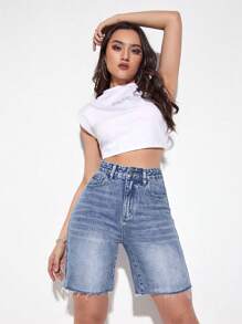 SHEIN ICON 女士口袋磨边休闲牛仔短裤 - 中等水洗藍 - 查看 3