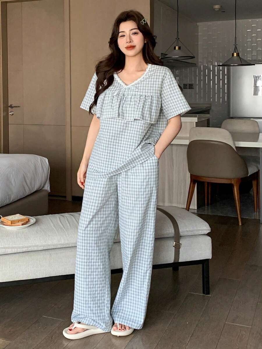 DAZY Damen karierter Rüschen-Saum luftiger Kurzarm Pyjama Set - Grün - Übersicht 1