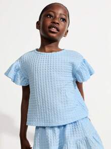 THE HAPPY LOOK Conjunto de 2 piezas para niñas jóvenes: blusa azul con volantes y falda de cintura elástica con patchwork