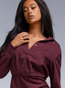 Athîral 女式条纹长袖褶皱休闲衬衫裙 - 酒紅色 - 查看 3