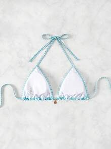 SHEIN Swim Vcay 花卉印花吊带比基尼上衣，女士夏季沙滩装 - 綠色 - 查看 2