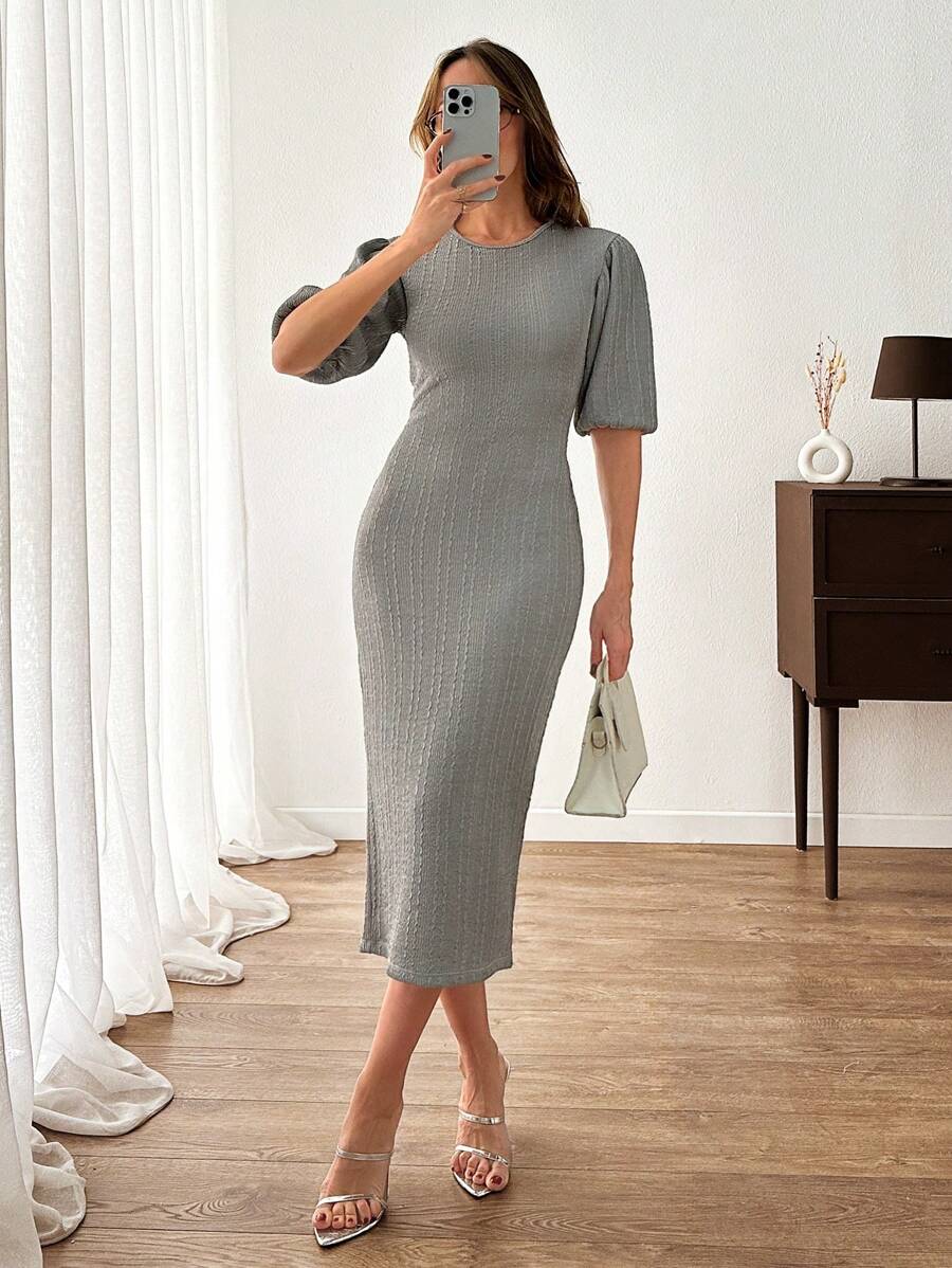 SHEIN Cottnline 休闲风格，轻松随意，灯笼袖闪亮纹理面料长裙 - 灰色 - 查看 1
