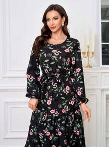 Lacomfia 长袖休闲阿拉伯风格连衣裙，简约时尚，适合日常穿着 - 黑色 - 查看 6