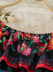 SHEIN LUNE 大码女式节日印花露肩长连衣裙