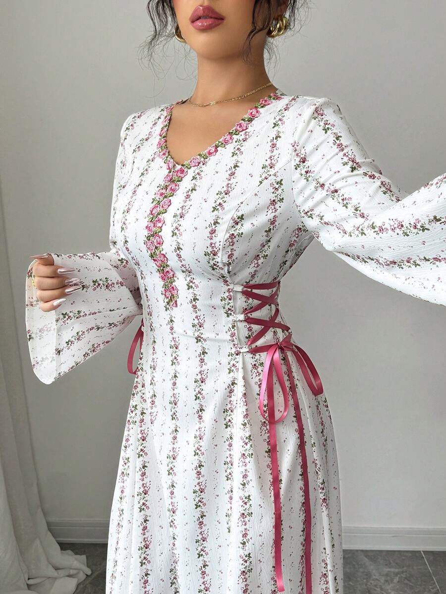 Yasmyna Vestido de verano modesto con estampado, de manga larga, cuello de volantes con lazo, estilo árabe, para mujer