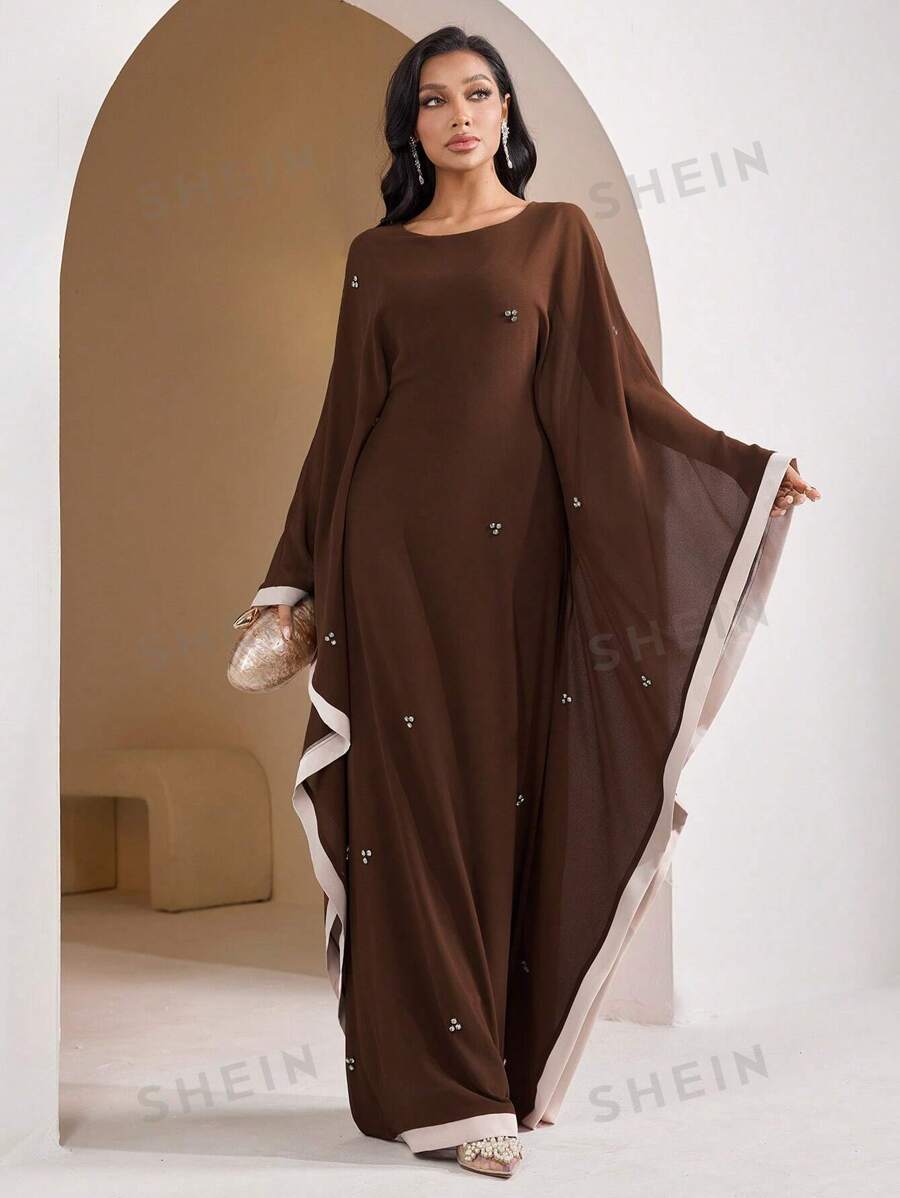 Veilorie Vestido elegante de manga larga, cuello redondo y unicolor con parches