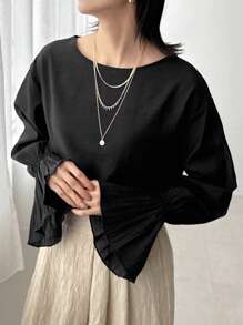 FRIFUL Women's Loose Fit Black Shirt, Round Collar, Flare Sleeves, Elegant Style Long Sleeve Blouse, Spring,Ruffle