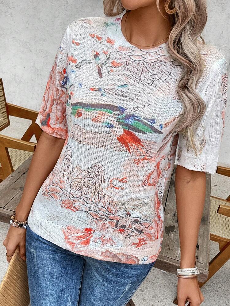 New Vintage Artistic Watercolor Print Pullover Sweater For Women, Spring/Autumn
