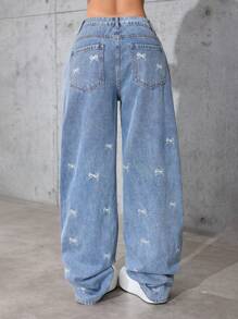 Jeanoix 女士休闲水钻刺绣蝴蝶结口袋牛仔裤