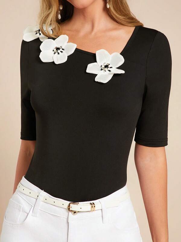 SHEIN Clasi Women Elegant 3D Floral Asymmetric Collar 3/4 Sleeve Fitted Knit Top