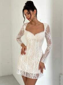 Firerie Romantic Lace Sweetheart Neck Bustier Waist A-Line Bell Sleeve Mini Dress, Elegant Date Outfit, Spring/Summer Fairycore Concert Rave Outfit Women - White - View 5