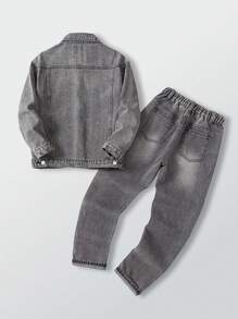 Tween Boys Fashionable Casual Outdoor Matching Outfit Set - Grey Washed Distressed Paisley Denim Suit - Grey - View 2