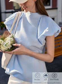 Jouncy Women's Casual Solid Color Puff Sleeve Top - Blue - View 2