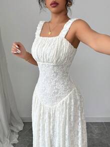 Chiquease Sexy & Charming Spaghetti Strap Square Neck Backless Cinched Waist Long Dress - Beige - View 6