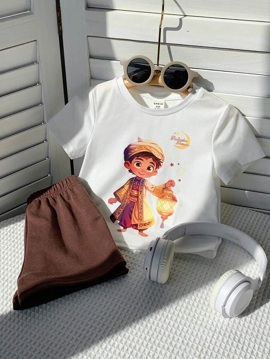 SHEIN 2 Peças/Conjunto Bebê Menino Estampa de Desenho Animado Malha Macia Gola Redonda Manga Curta Top e Conjunto de Shorts Cintura Elástica de Cor Sólida - Multicolorido - Visão 1