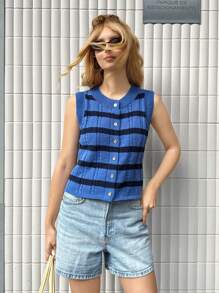 Forever 21 春季新品女士圆领无袖蓝色条纹针织休闲背心上衣 - 藍色 - 查看 6