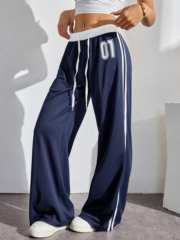 SHEIN PETITE Low-Rise Black And White Contrasting Letter Print Trousers