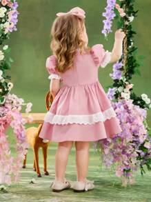 SHEIN Baby Girl Woven Ruffle Puff Sleeve Fitted Dress - Pink - View 2