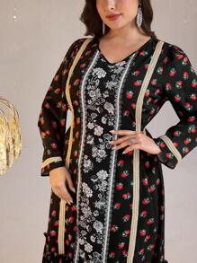 Al Najma Plus Size Women Floral Print Patchwork Ribbon V-Neck Long Sleeve Dress - Multicolor - View 1